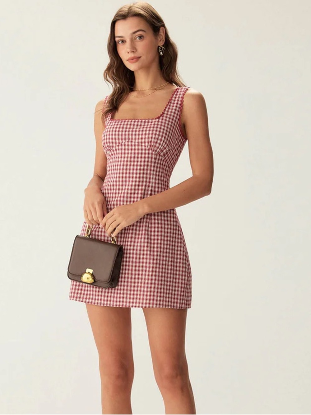 NWT Rihoas Red Gingham Square Neck Slip Mini Dress size Medium